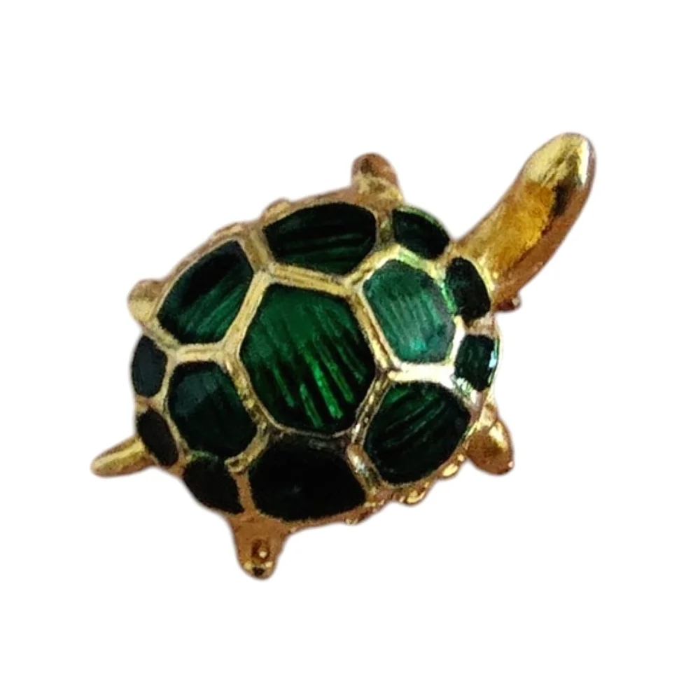 Vintage Gold Tone Green Enamel Turtle Brooch – Small Animal Pin